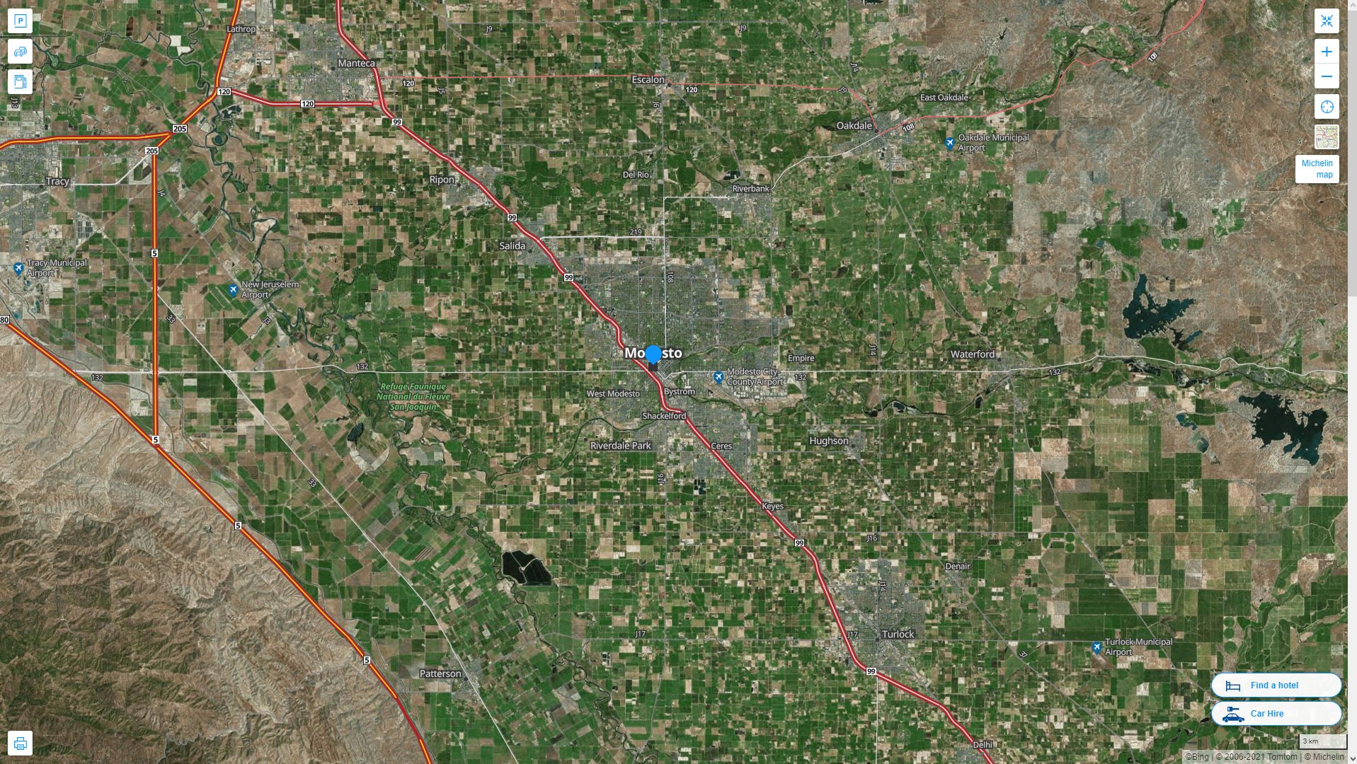 Modesto California Highway and Road Map with Satellite View